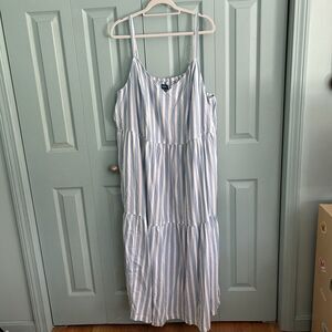 Old Navy Katherine Maxi Dress 4X Blue White Striped Tiered V-Neck Pockets‎